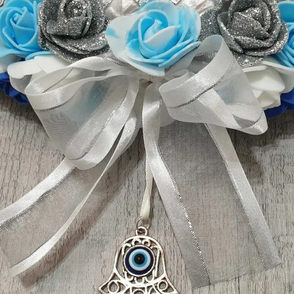 Hamsa Wreath Floral Hanger Evil Eye Blue Silver Wall and Door Home Office Decor